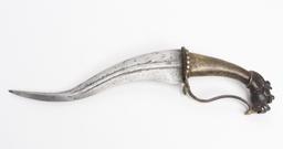 South Indian Brass Yali Hilted Recurve Dagger, 18th-19th c.