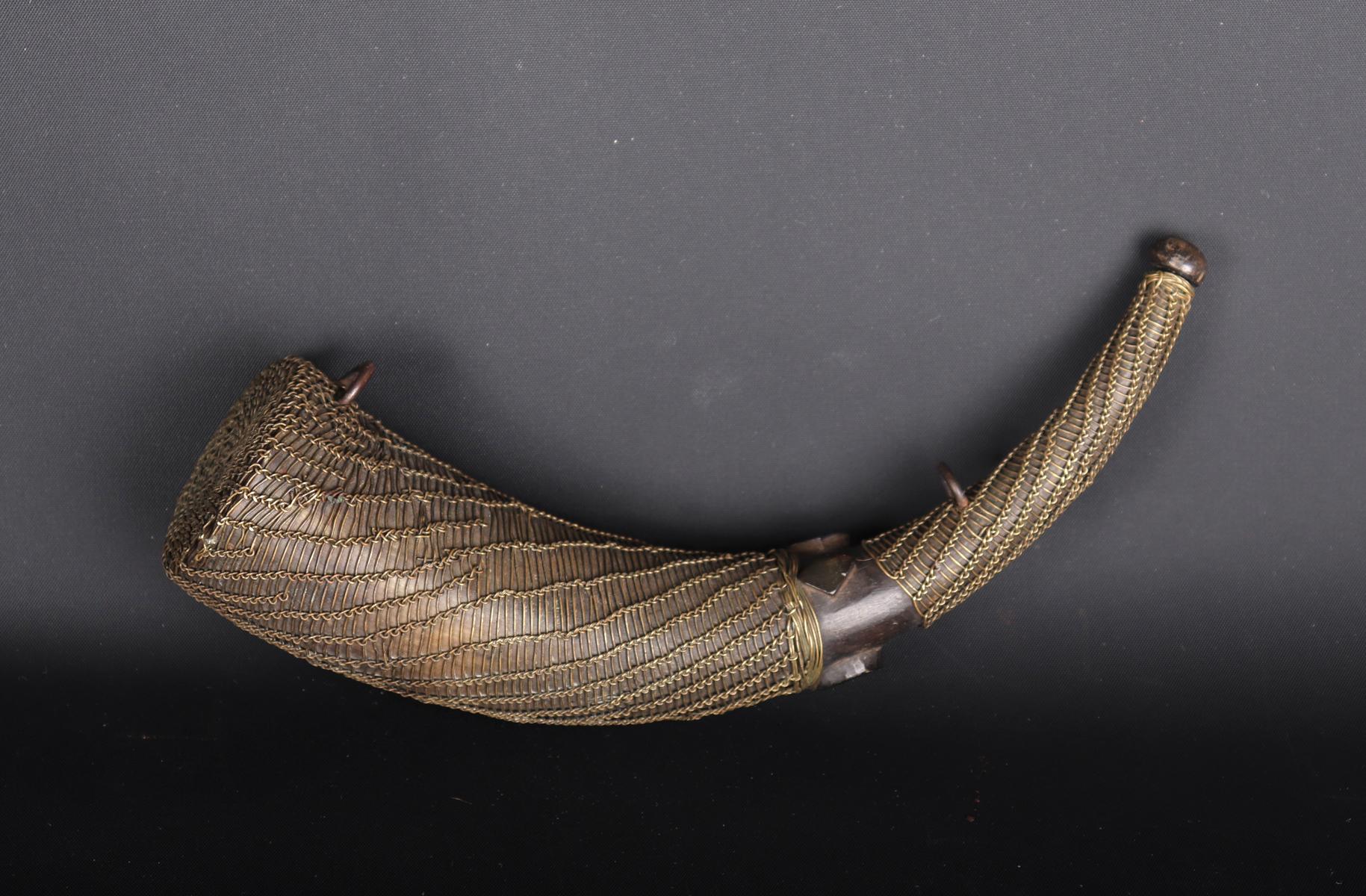 African 19th C. Brass Wire Wrapped Powder Horn