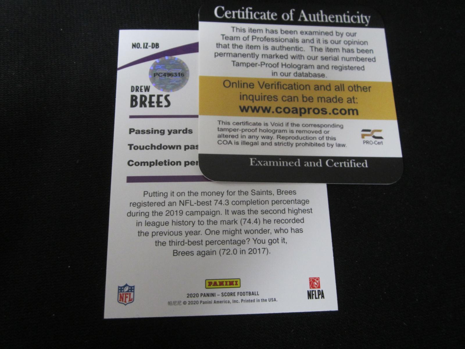 Drew Brees Signed Saints Sports Card W/Coa