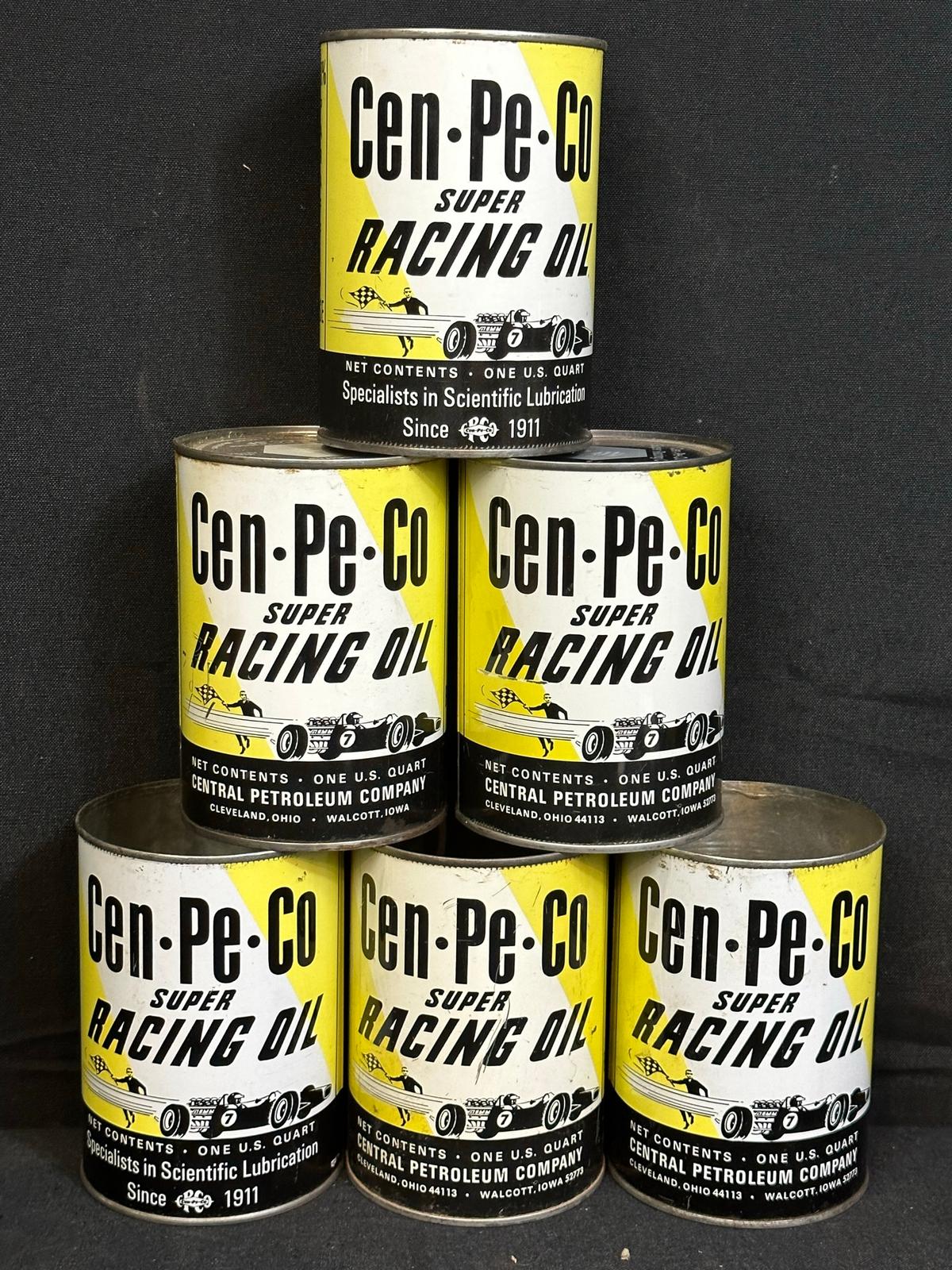 Lot of 6 Full Cen-Pe-Co Super Racing Motor Oil Quart Cans