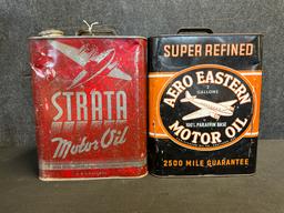 Pair Aero Eastern & Strata Motor Oil 2 Gallon Oil Cans w/ Airplane Graphics