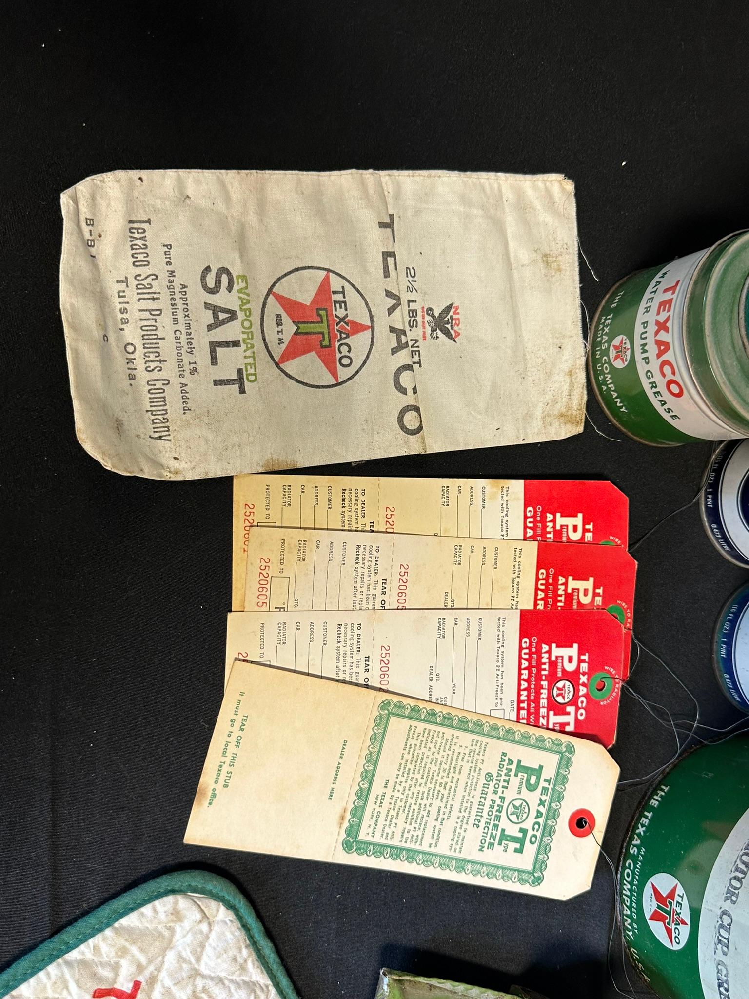 Lot 20 Texaco Early 1920s-60s Gas Station Motor Oil Cans, Greases, Pot Holder, Hang Tags & Salt Bag