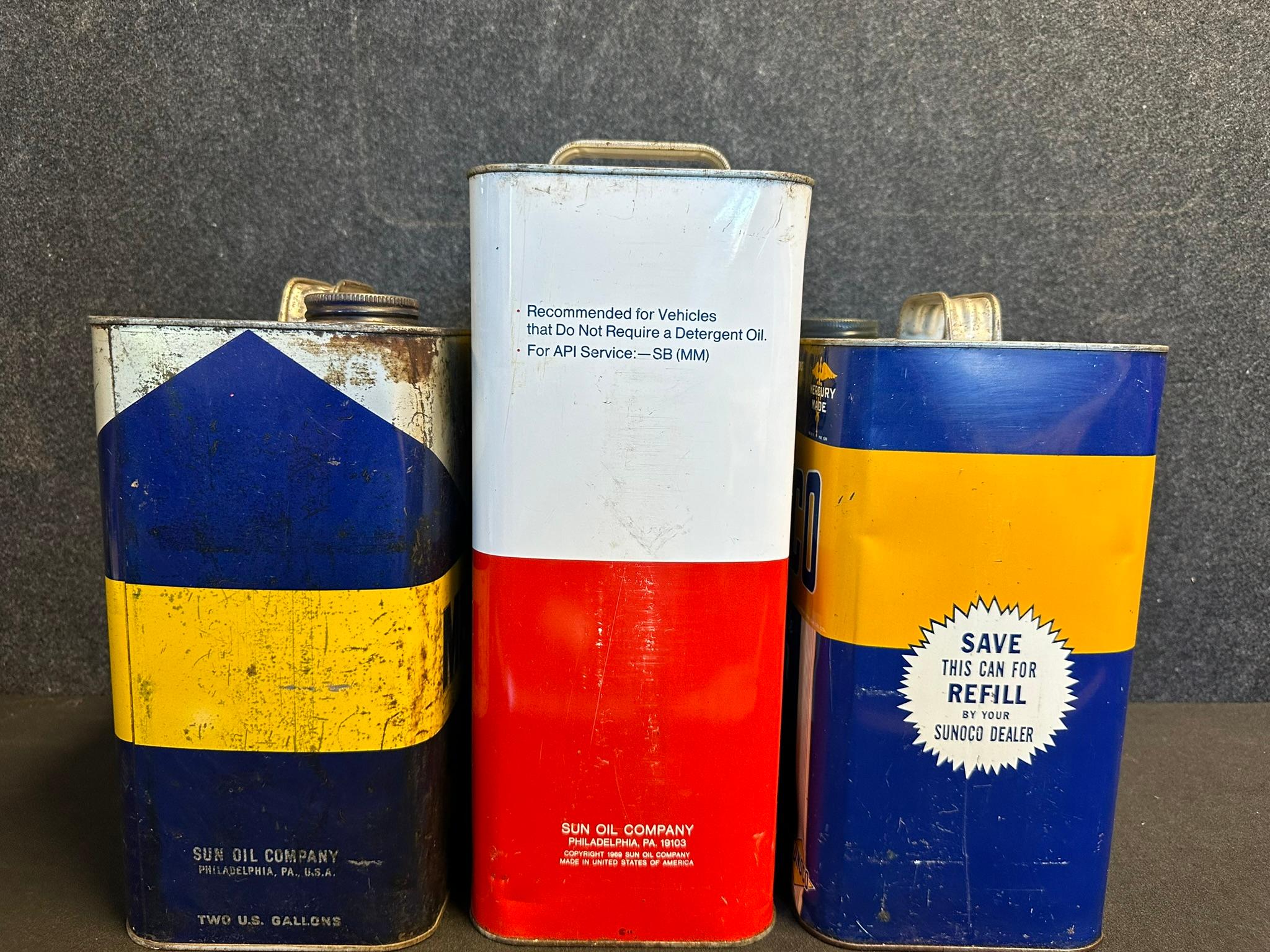 Lot 3 Sunoco 2 Gallon Motor Oil Cans: Mercury Made, Diamond & Mercury