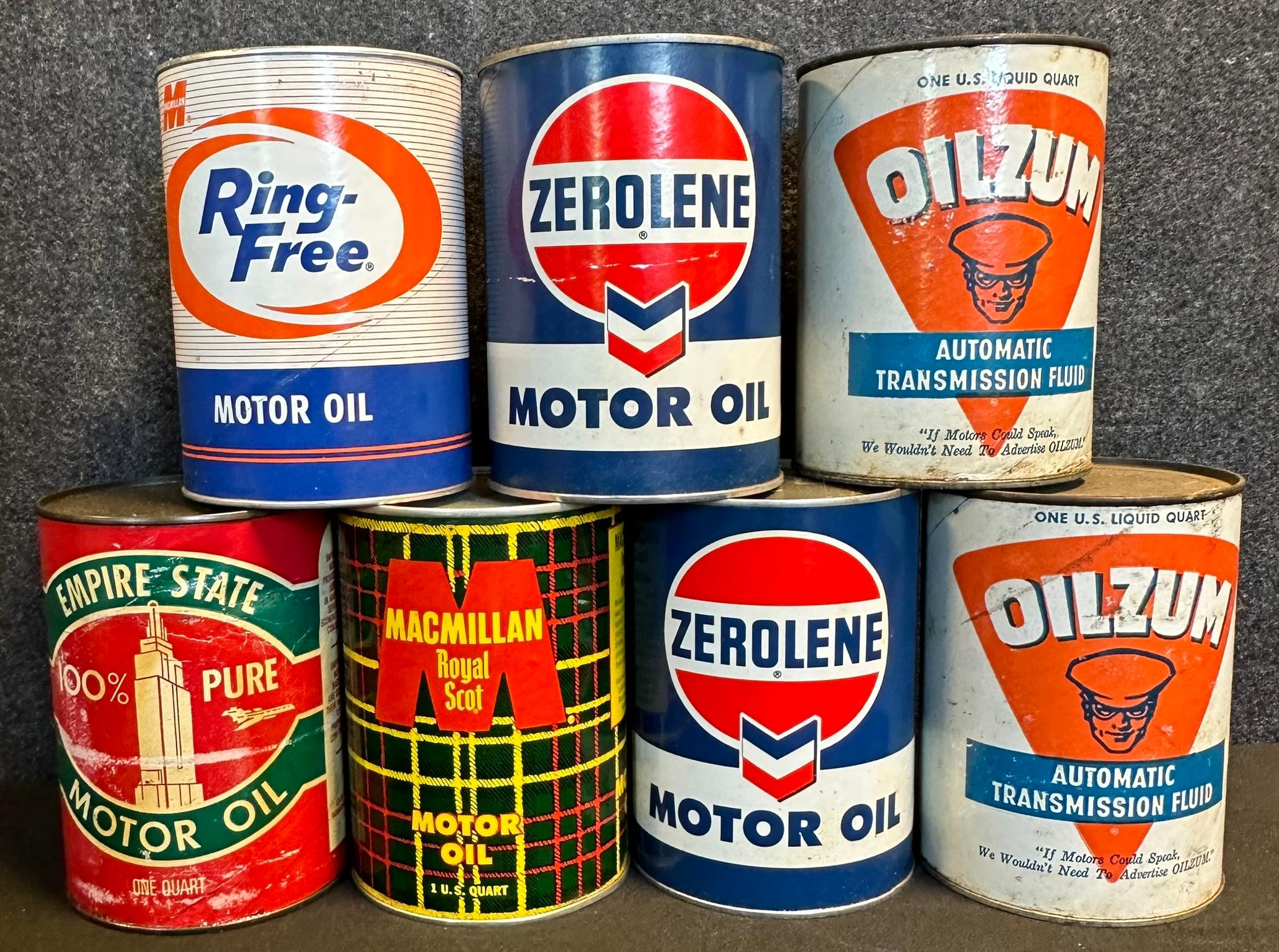 Lot 7 Full NOS Composite Quart Oil Cans: MacMillan, Zerolene, Oilzum, Empire State