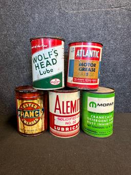 Lot of 5 Grease 1LB Cans: Franco Franklin Railway Oil, Mopar, Alemite, Atlantic & Wolf's Head