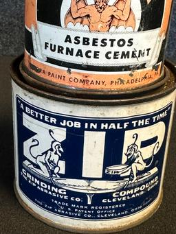 Zip & Pecora Early 1900s Asbestos & Grinding Compound Tins w/ Devil Advertising Graphics