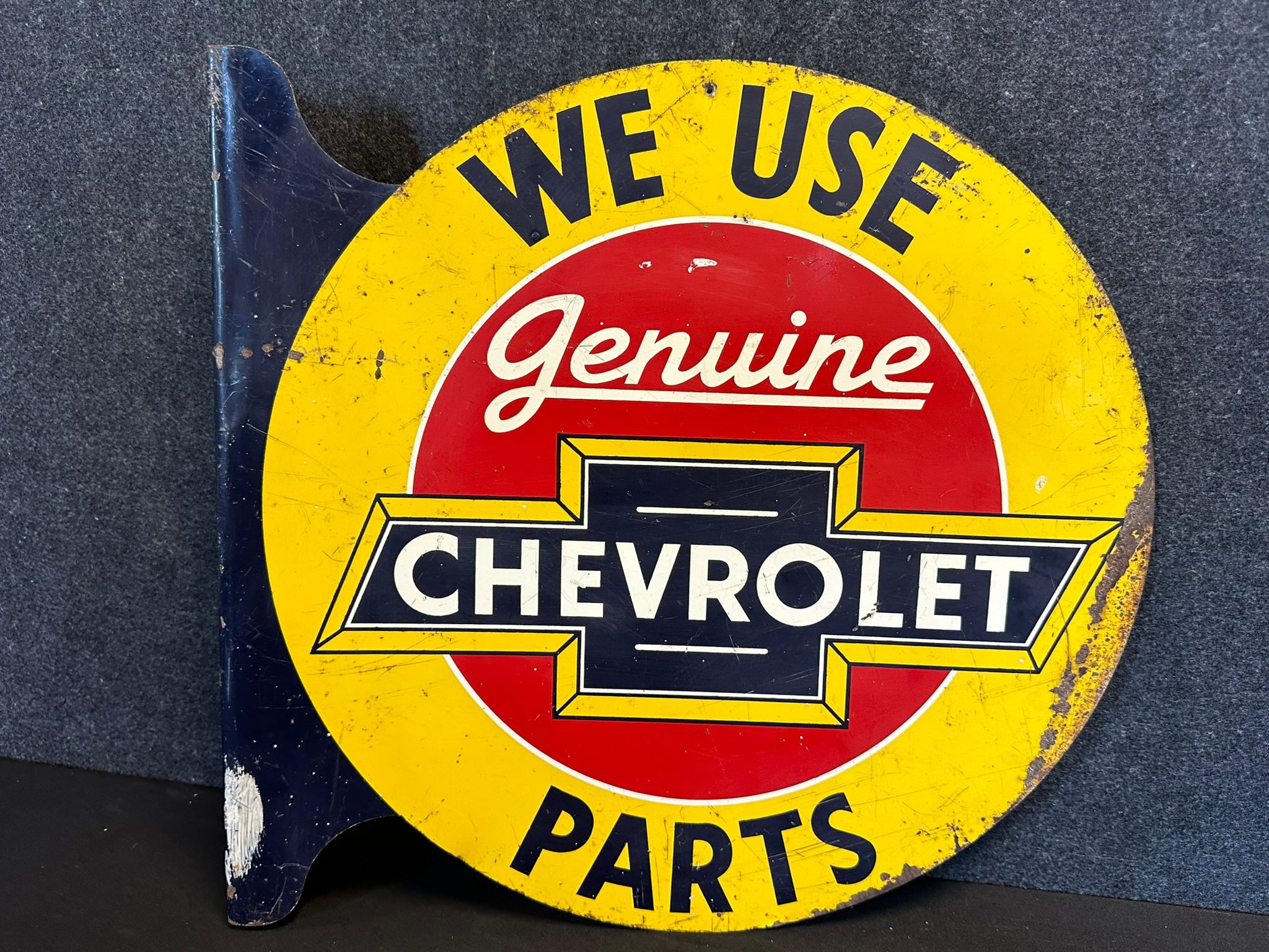 Chevrolet Genuine Parts Double Sided Painted Metal Dealer Flange Advertising Sign Ca. 1940s