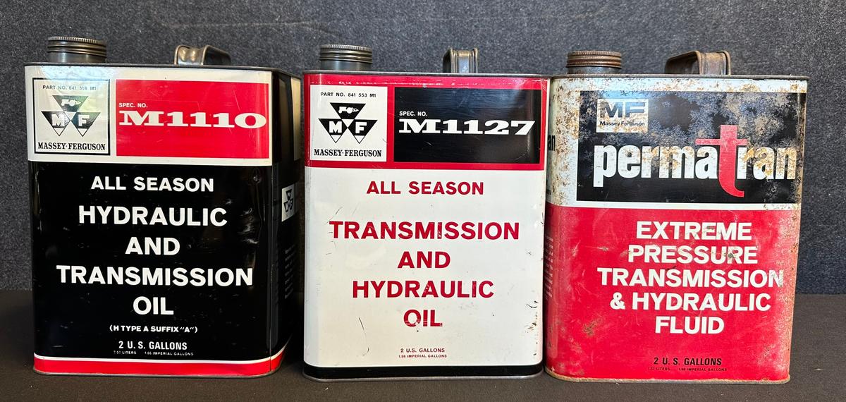 Lot 3 Original Massey Ferguson Hydraulic & Trans 2 Gallon Oil Cans M1110 + M1127