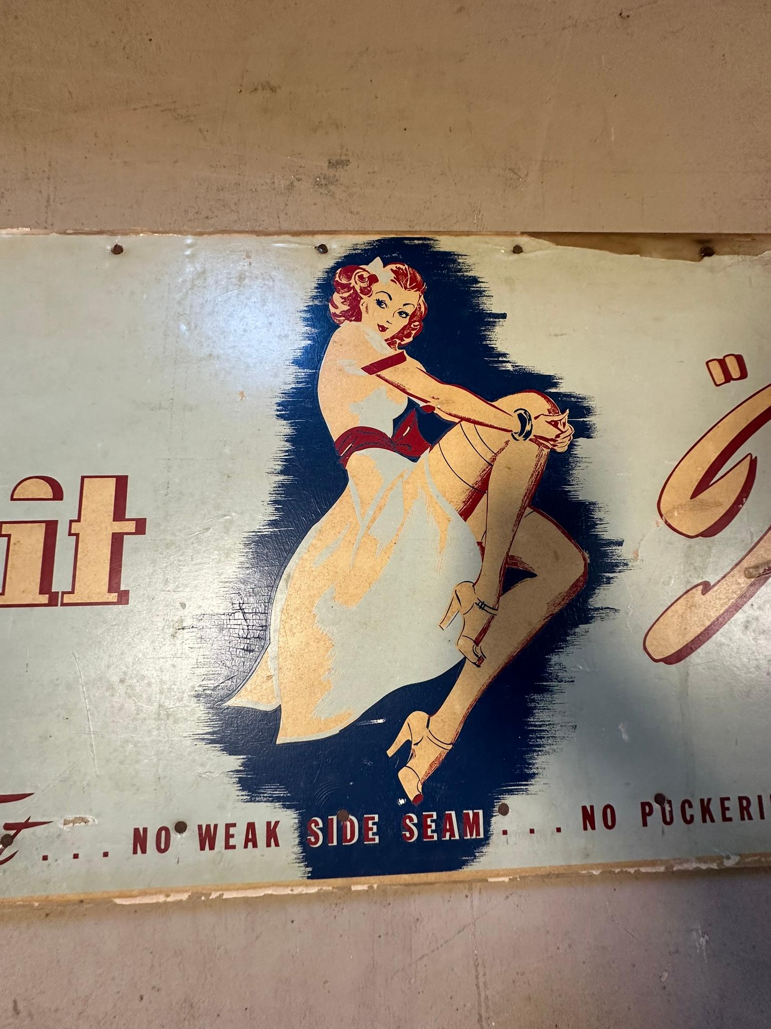 1950s Dull Knit Inside Out All Silk Crepe Full Fashioned Double Sided Masonite Advertising Sign w/ P