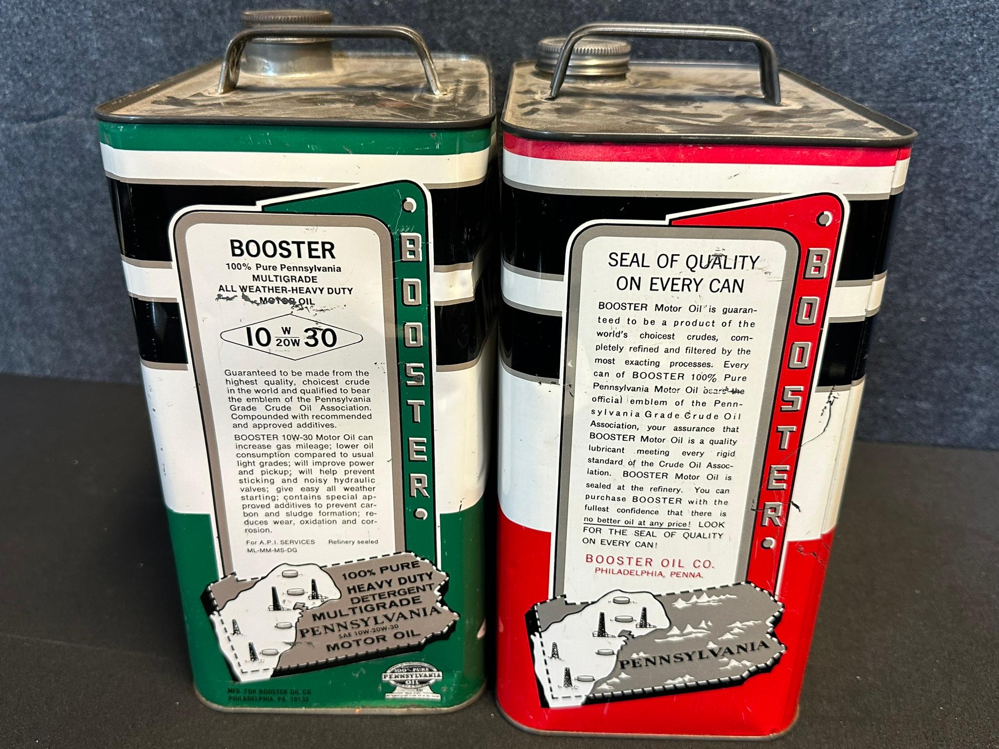 Pair Red & Green Booster Motor Oil Pennsylvania 2 Gallon Cans EX Cond