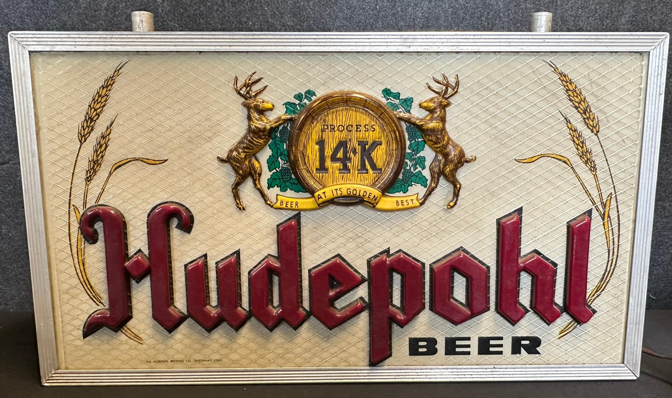 1960s Hudepohl Beer Hanging Lighted Advertising Bar Sign
