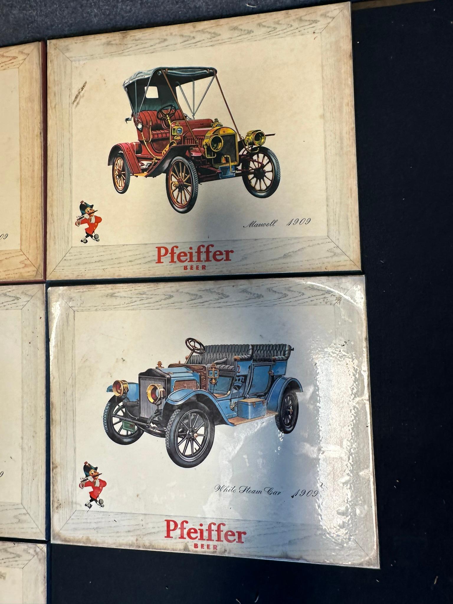 Lot 7 1950s Pfeiffer's Beer 4 1909 White Steam Car & 3 1909 Maxwell Celluloid Over Masonite Bar Sign