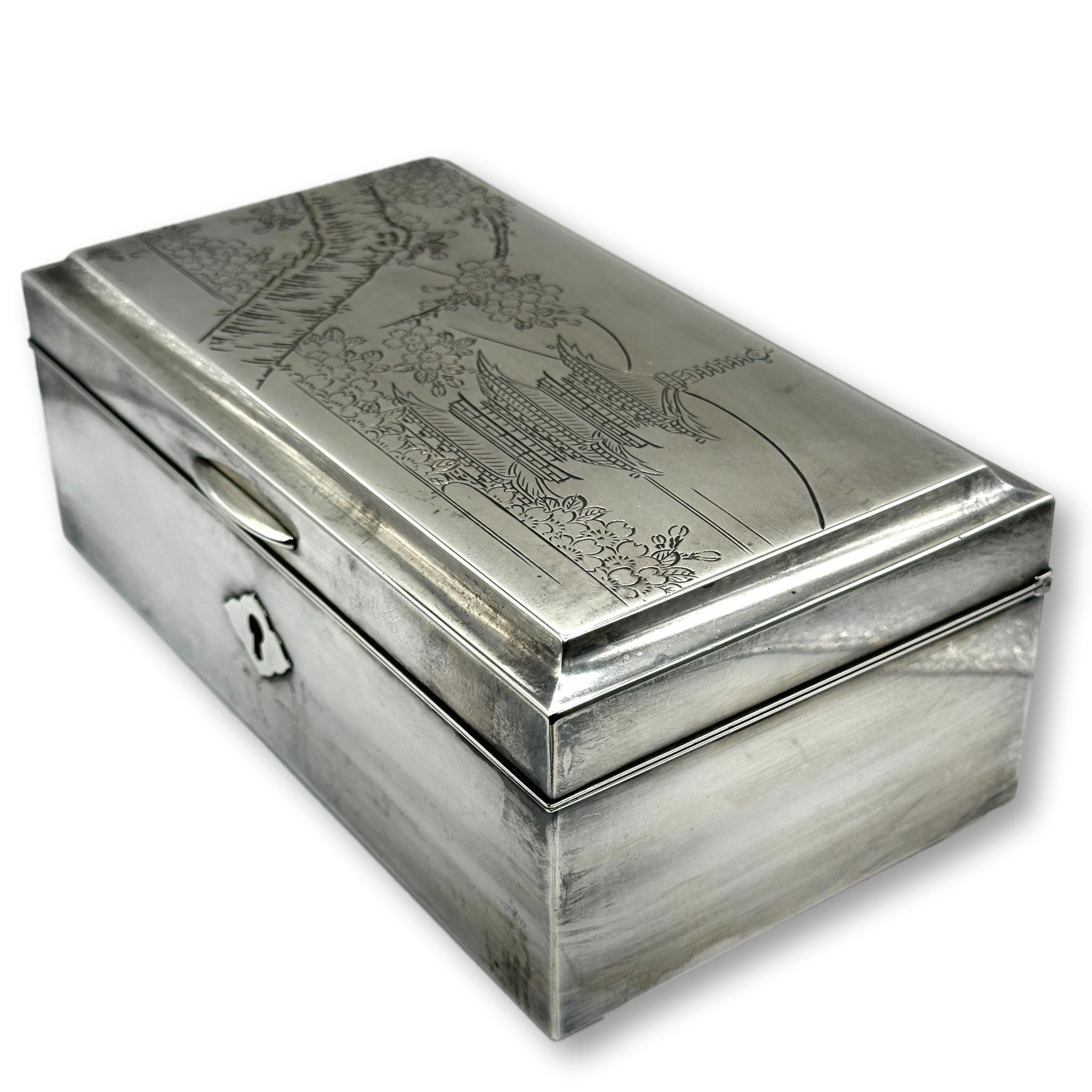 Chinese Export 950 Sterling Silver Jewelry Box with Wood and Felt Lining