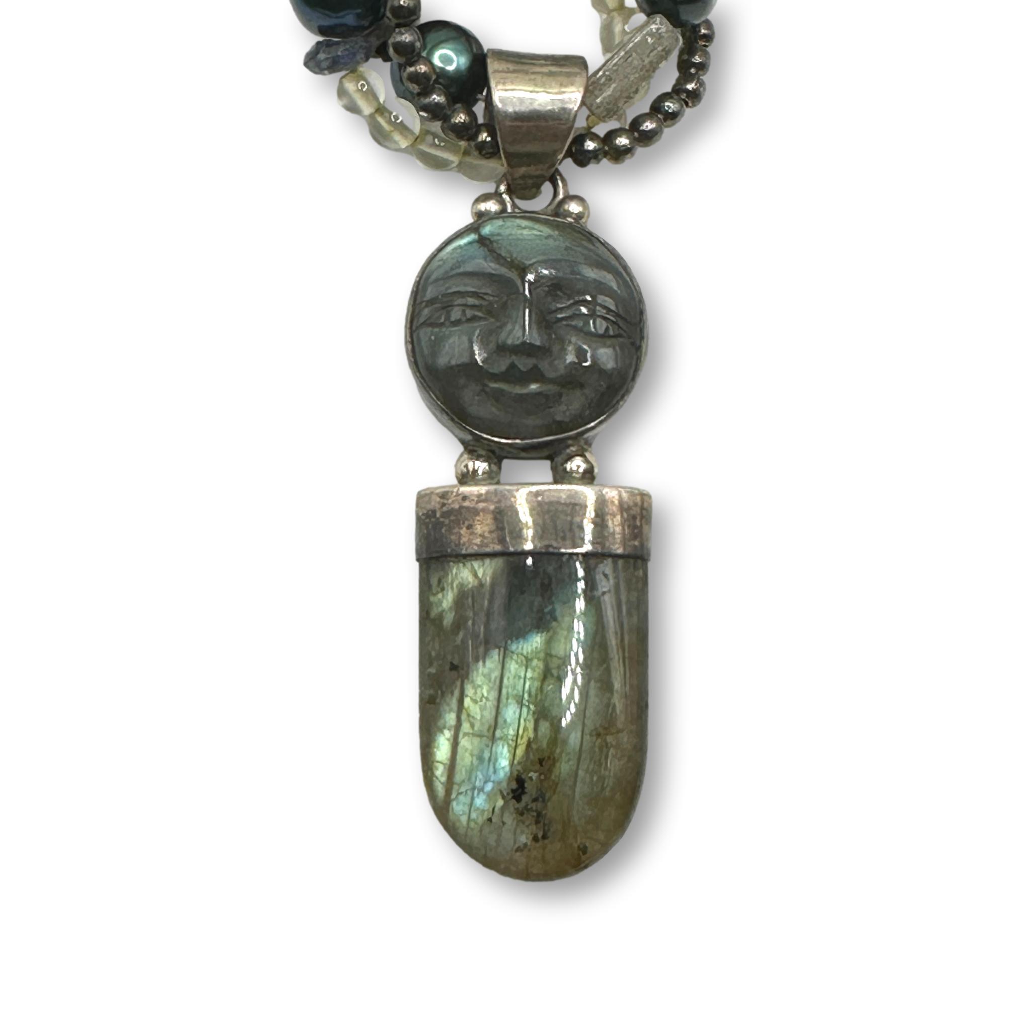 Artisan Man in the Moon Gemstone and Sterling Silver Necklace