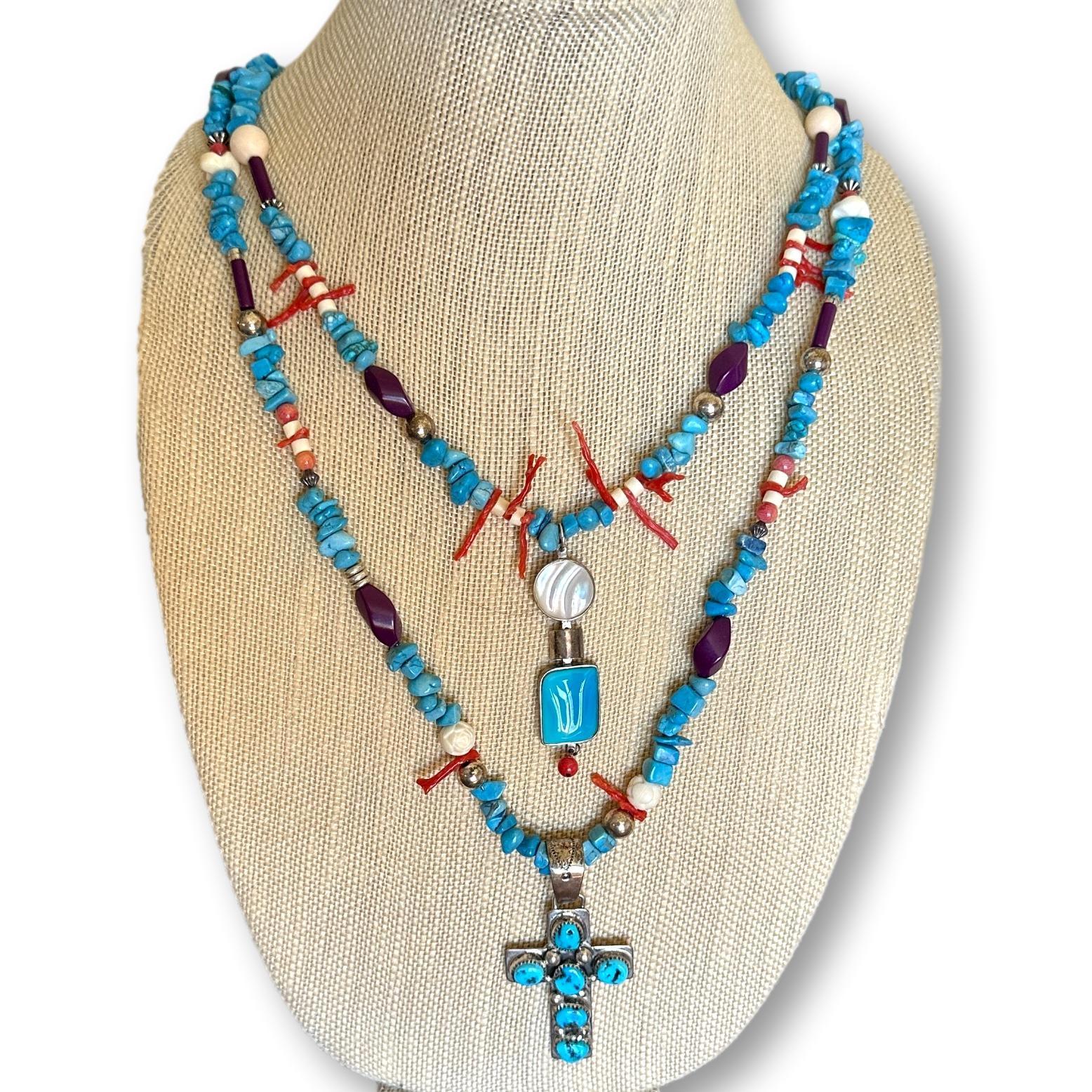 Southwestern Tommy Moore Turquoise, Coral and Sterling Silver Double Stand Necklace