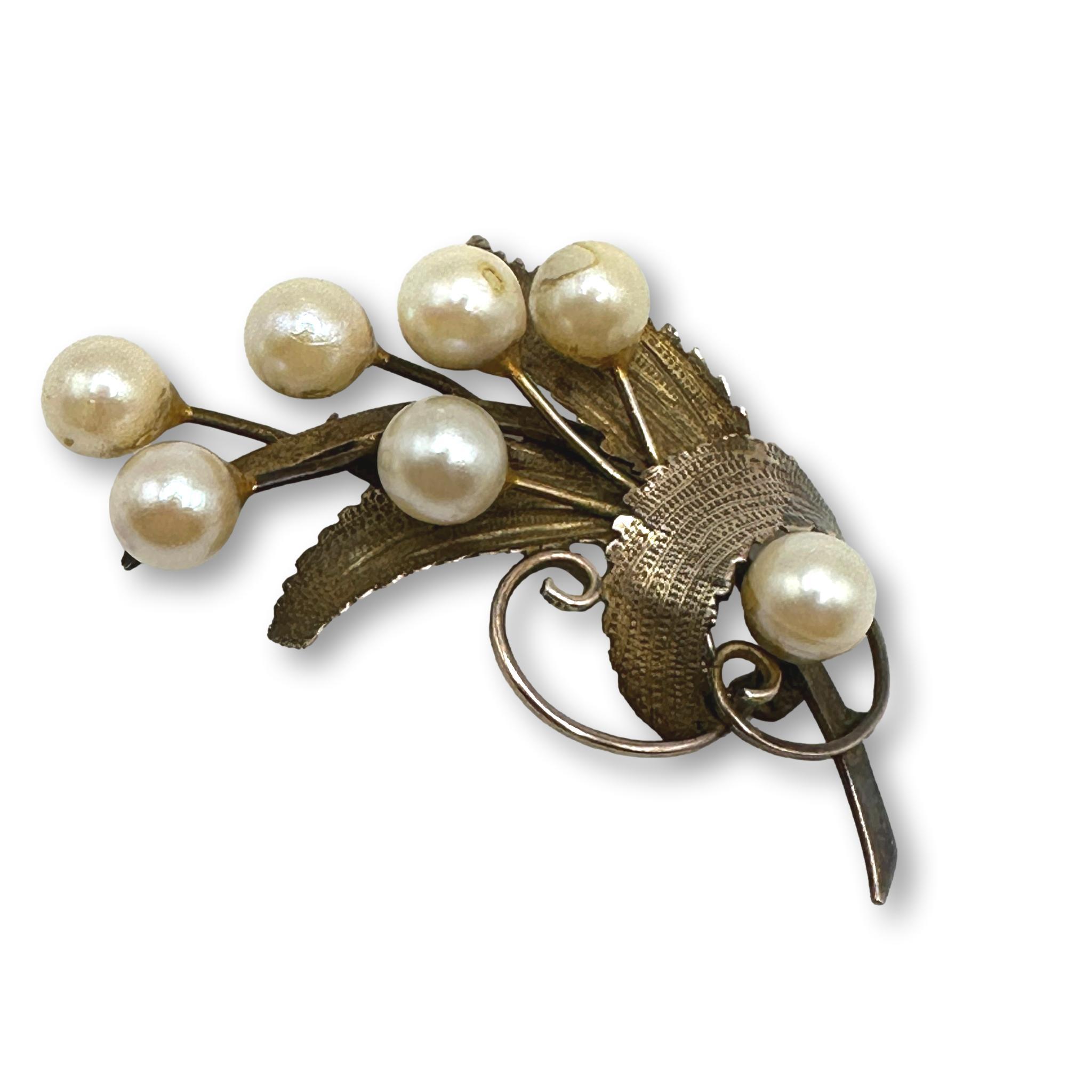 14K Gold and Pearl Flourish Pin Brooch