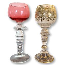 Pair of Venetian Glass and Moser Style Goblets with Two Cut-to-Clear Cordials