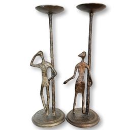 Pair of Brutalist Metal Candle Holders After Giacometti