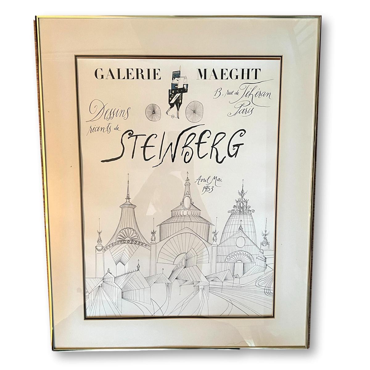 Vintage Framed Saul Steinberg Galerie Maeght Exhibition Poster