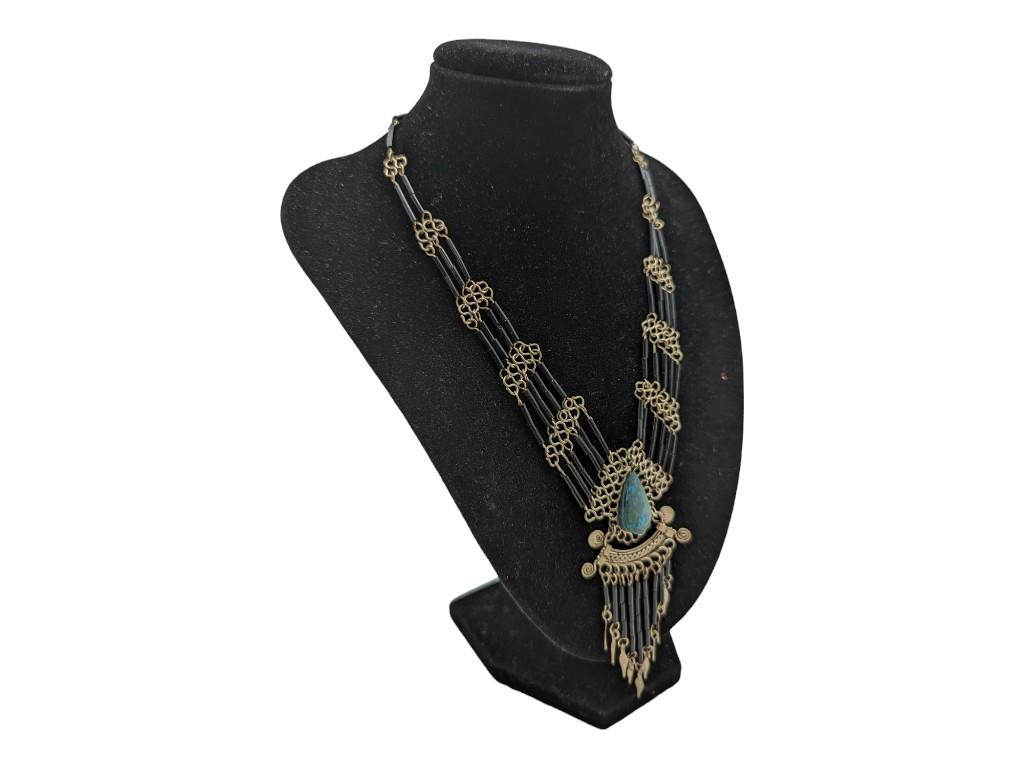 Ladies Beaded Fringe Necklace with Blue/Green Stone