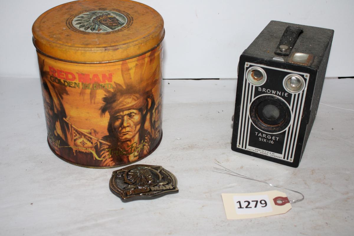Red Man Tin with Collector belt buckle and Brownie Antique Camera