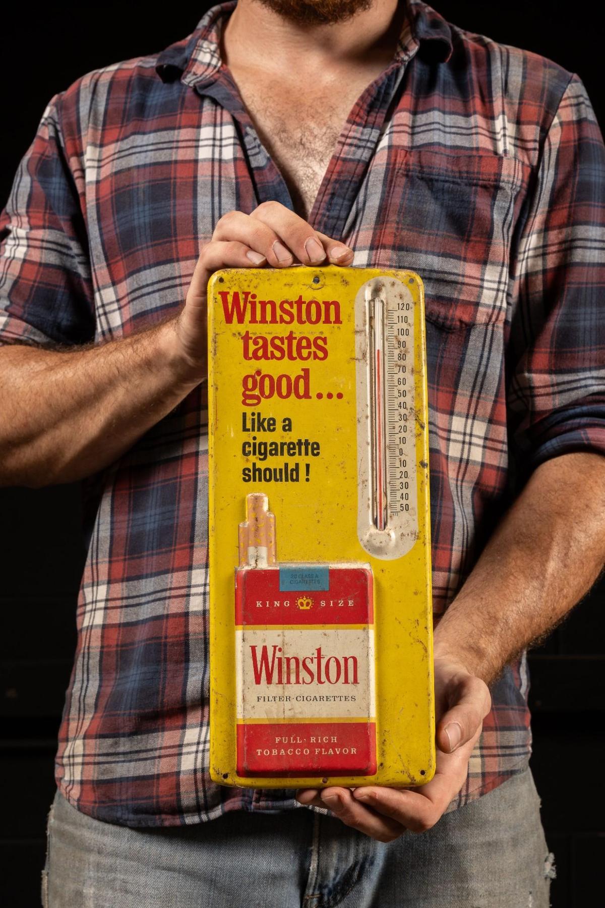 Vintage Winston Cigarettes Thermometer Tin Sign