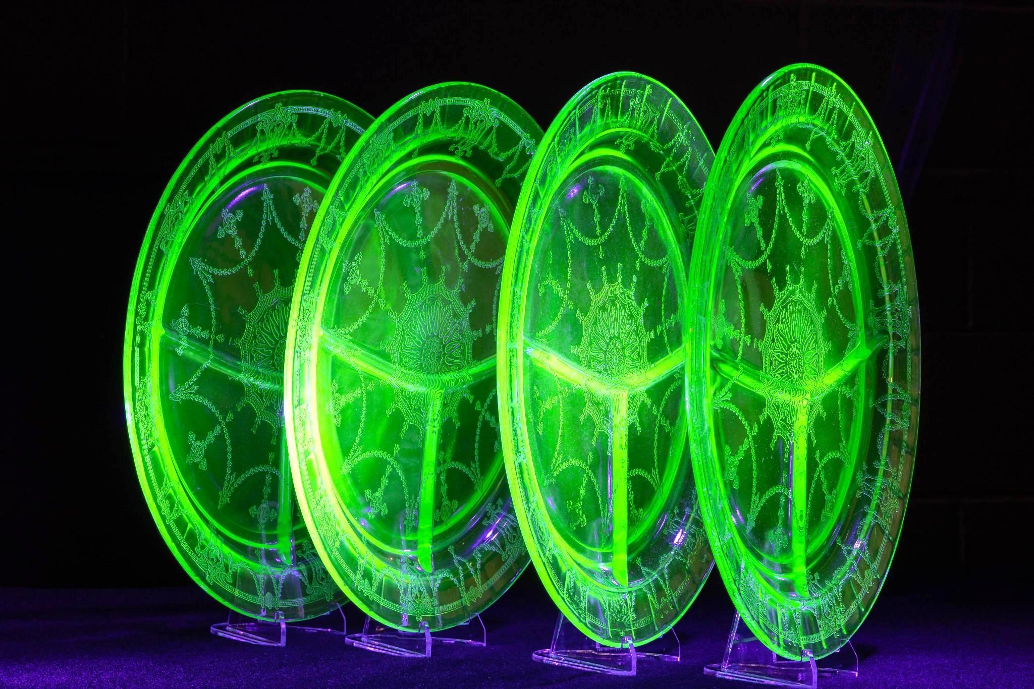 Uranium Glass Sectioned Dinner Plate - Set of Four