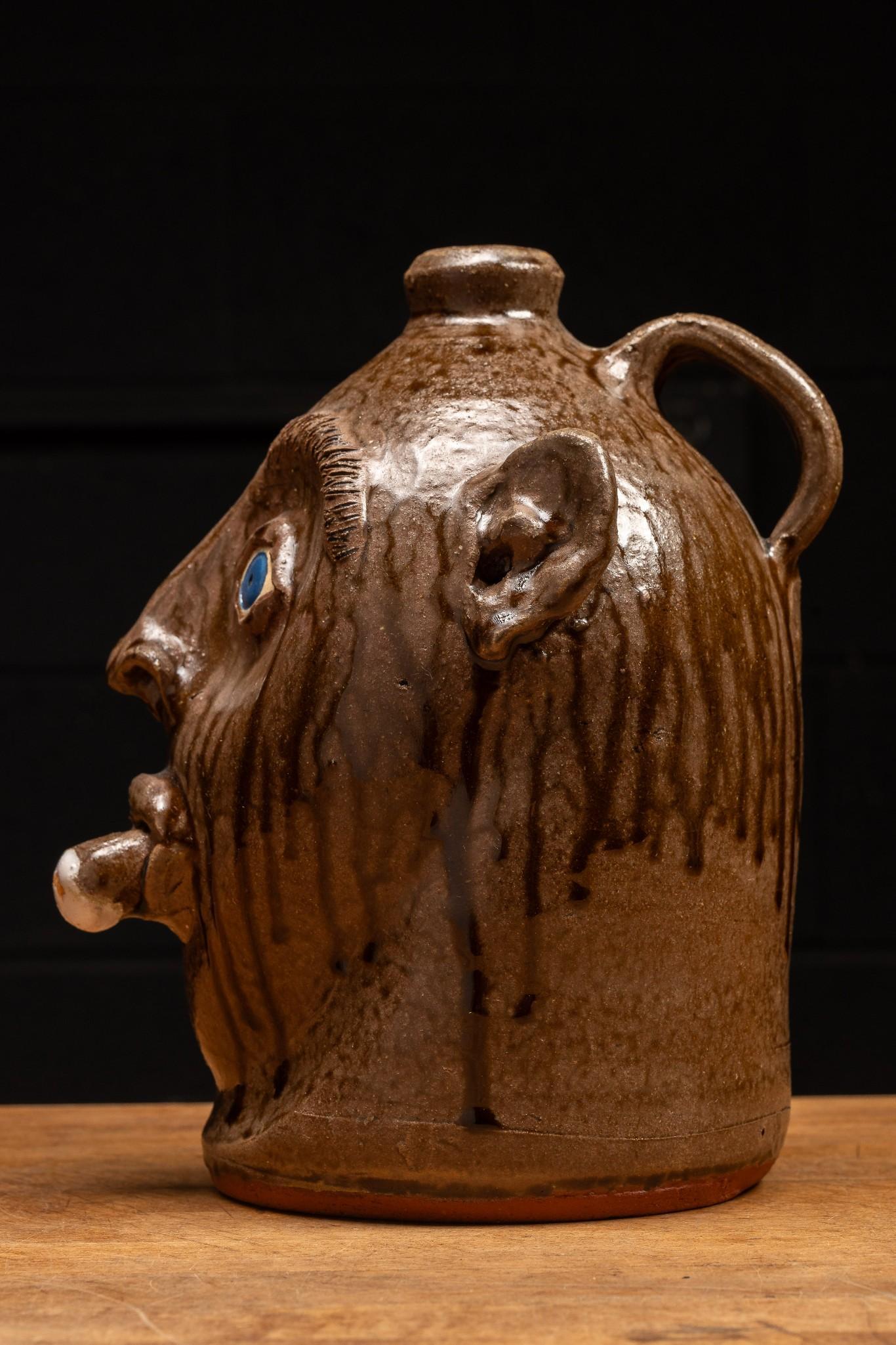 Glazeware Face Jug with Cigar and Blue Eyes by Mike Craven