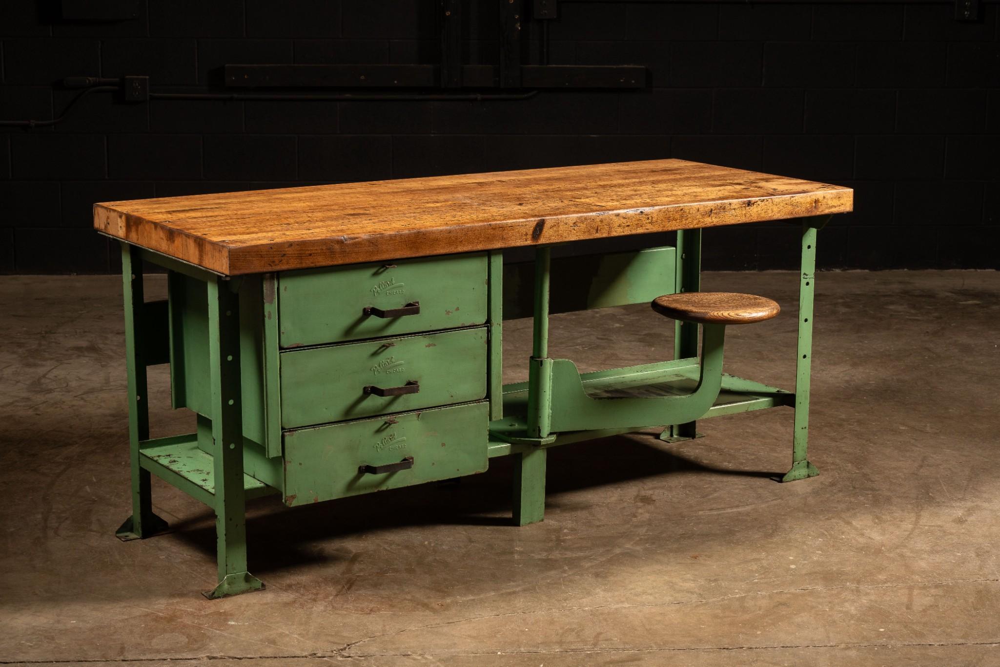 Antique Butcher Block Workbench with Swing Stool