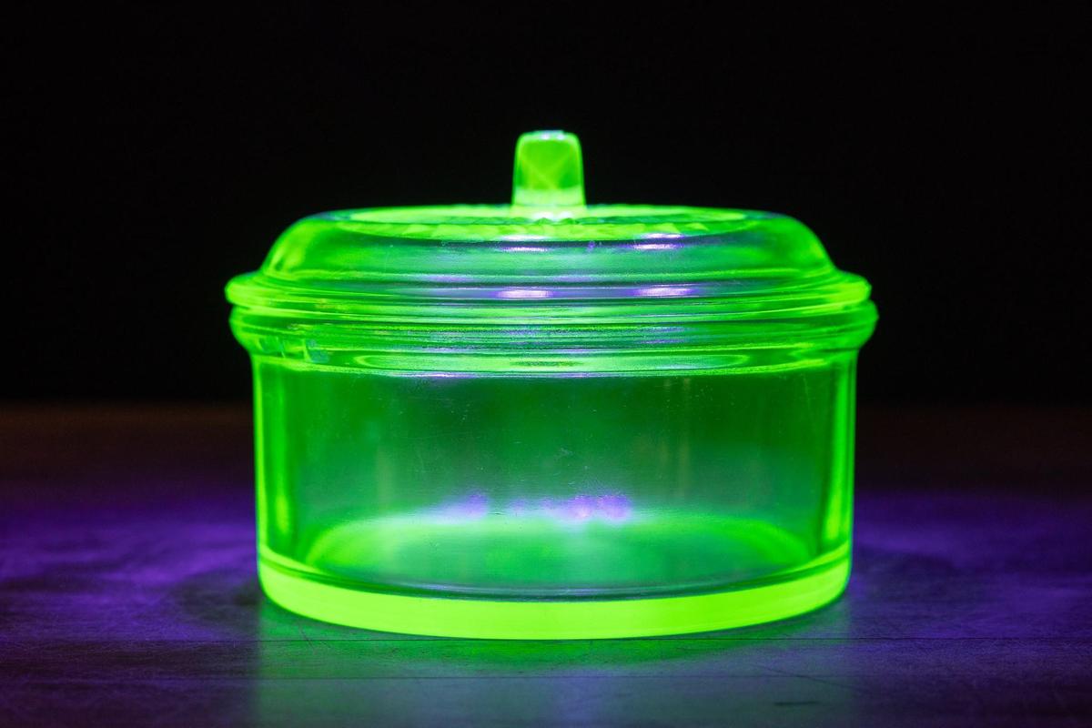 Antique Uranium Glass Round Lidded Dish by Hazel Atlas