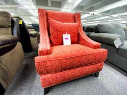 Red-orange fabric accent chair