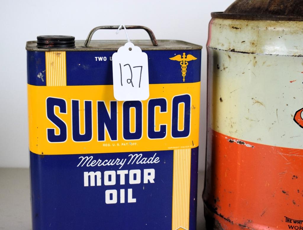 Oilzum 5 gallon can; Sunoco 2 gallon can