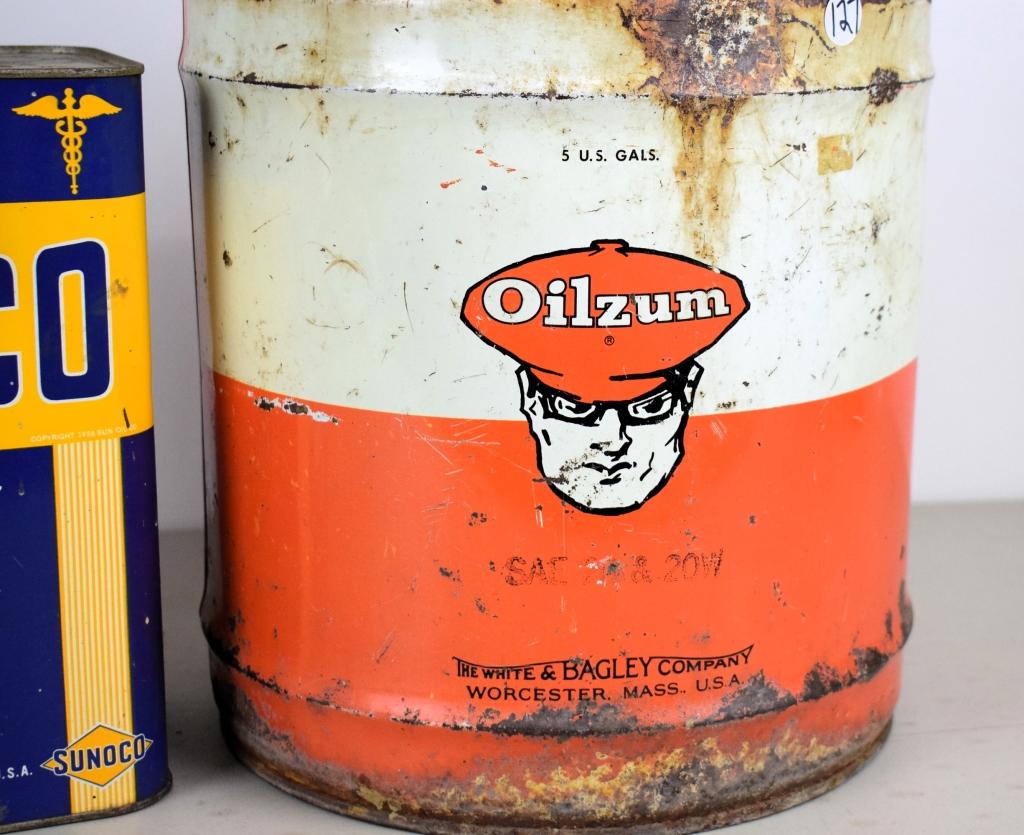Oilzum 5 gallon can; Sunoco 2 gallon can