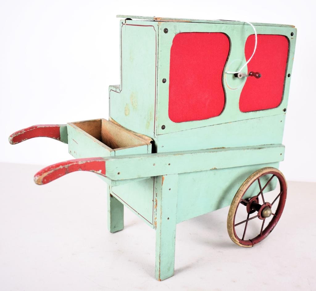 Doll size wood wind up music cart