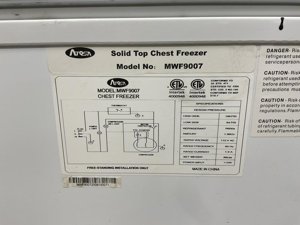 Atosa Solid Top Chest Freezer, 115v