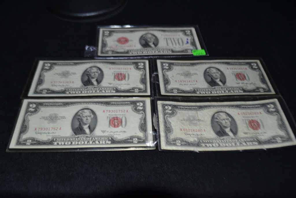 (5) $2 Red Seal Bills (4) Are "no Motto"