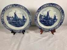 Pair of Blauw Delft Coastal Scene Plates