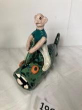 Folk Art Pottery Man Riding Fish Signed