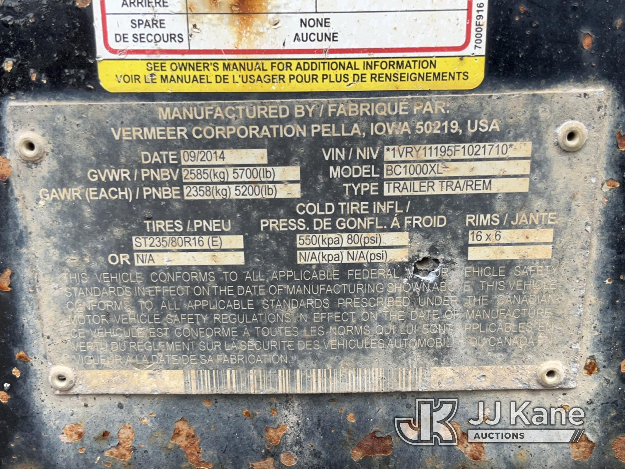 (Charlotte, MI) 2015 Vermeer BC1000XL Chipper (12in Drum) Condition Unknown, Bad Ignition, No Key