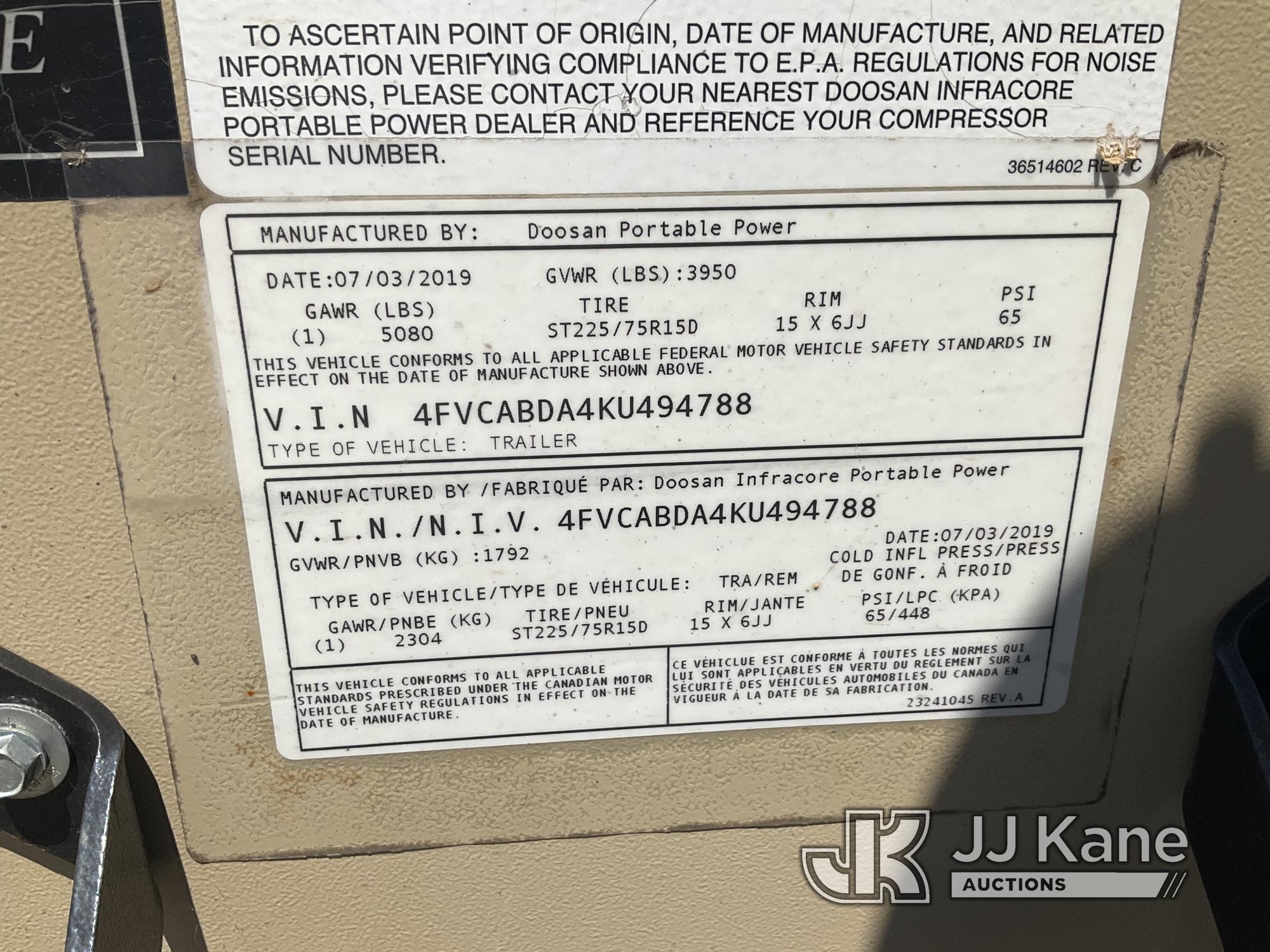 (Jurupa Valley, CA) 2019 DOOSAN P185WD0-T4F Portable Air Compressor Not Running