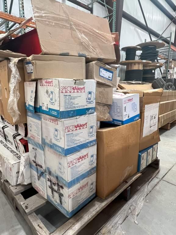 PALLET OF ASSORTED FIRE ALARMS PARTS AND FIXTURES;  CONTROL PANELS; STROBE LIGHTS; SPEAKER POWER SUP