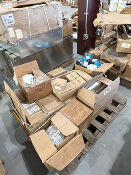 PALLET OF ASSORTED ELECTRICAL PARTS; ROOM CONTROLLERS; SENSORS; MOTOR STARTERS; LIGHTING FIXTURES