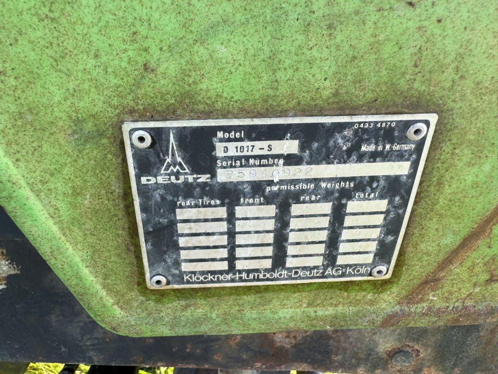 DEUTZ D7807 TRACTOR, 2WD, 3PT, 540 PTO, 2-REMOTES, 18.4-30 REAR TIRES, S/N: 75940922, HOURS N/A
