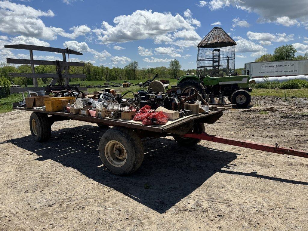 FLAT BED HAY WAGON, 18' X 8', CONTENTS NOT INCLUDED