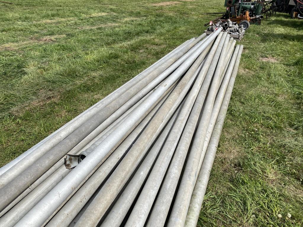 4'' X 30' IRRIGATION PIPE, APPROX. (32), AND (4) SHORTER PIECES, ONE HAS PICKUP SCREEN END
