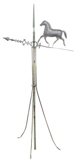 Weathervane, zinc full-bodied running horse on 3-leg stand w/copper rod, c.