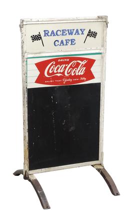 Coca-Cola Fishtail Curb Sign, 2-pc litho on tin, 1 side w/menu board, 1 sid