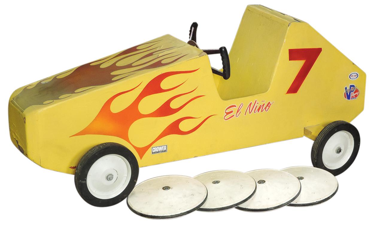 Child's Soap Box Derby Racer, painted wood w/applied flames, includes set o