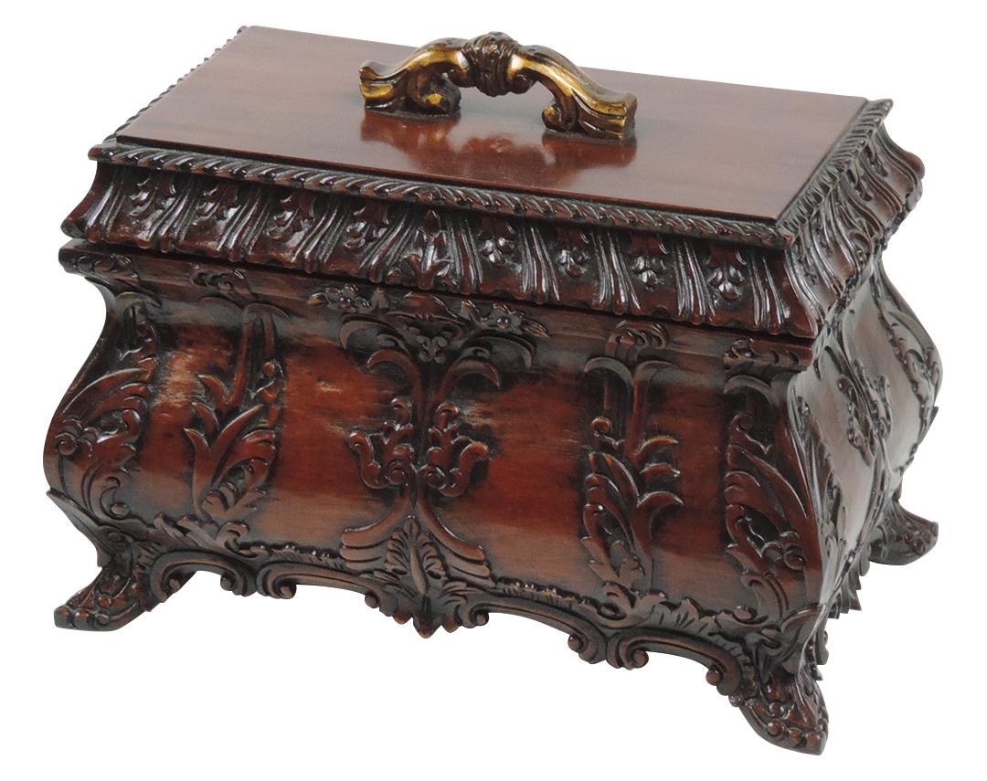 Victorian Style Carved Casket, mahogany w/lift-out tray, from the Lord Rich