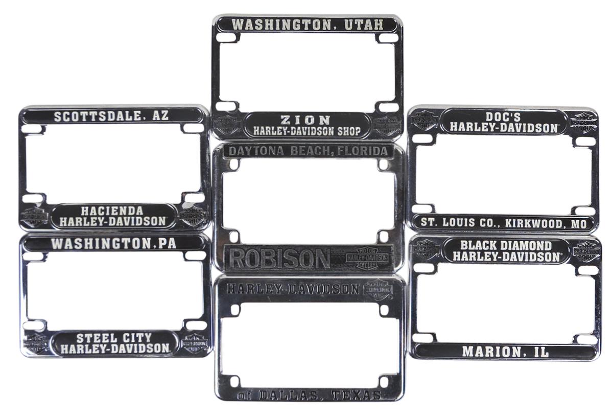 Motorcycle Harley-Davidson License Plate Frames (7), most Southern shops w/logos,